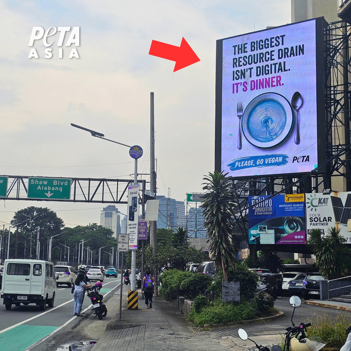 PETAAsia's tweet photo. 👀 LOOK: New PETA billboard in the Philippines urges those worried about AI's environmental impact to also take a look at their plates. 
 
Amid growing concern over data centers’ water and energy use, PETA's pointing out that meat, egg, and dairy industries guzzle far more water, spew more methane, and eat up more land than server farms do. 
 
The projected annual water withdrawals from global AI demand in 2027 (up to 6.6 billion cubic meters) would be only about 1.2% of the water withdrawn by the global livestock industry each year (566 billion cubic meters). 

Concerned about the future? Go vegan. 🌱 

PETA's billboard campaign is headed to New Clark City, Tarlac next — the proposed site of the Philippines' Pax Silica AI hub.