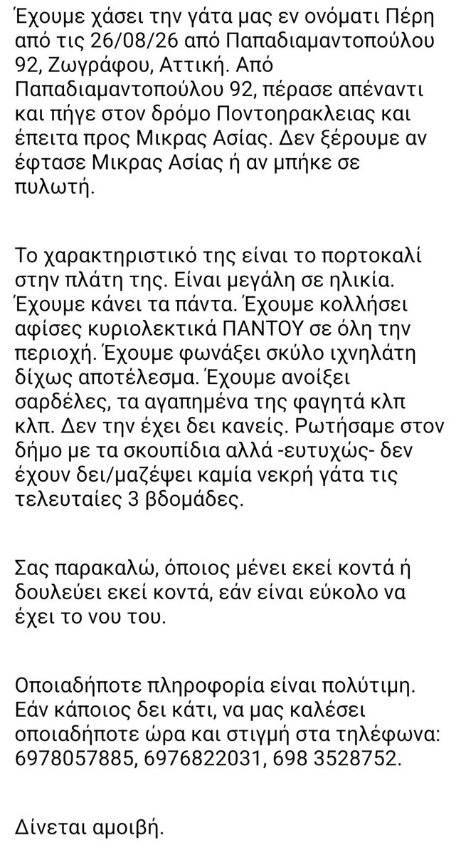 KatKatPt's tweet photo. 🆘️🆘️🆘️
Η γατούλα αγνοείται απο 26/8,το όνομα της είναι Περη κ χαθηκε απο Παπαδιαμαντοπουλου 92 Ζωγράφου 
Είναι μεγάλη σε ηλικία κ εχει ενα χαρακτηριστικό πορτοκαλί στην πλάτη της
Για οποιαδήποτε πληροφορία καλέστε άμεσα στα τηλ 
Rt 🙏 🙏 🙏 https://t.co/mqkHeflrM3