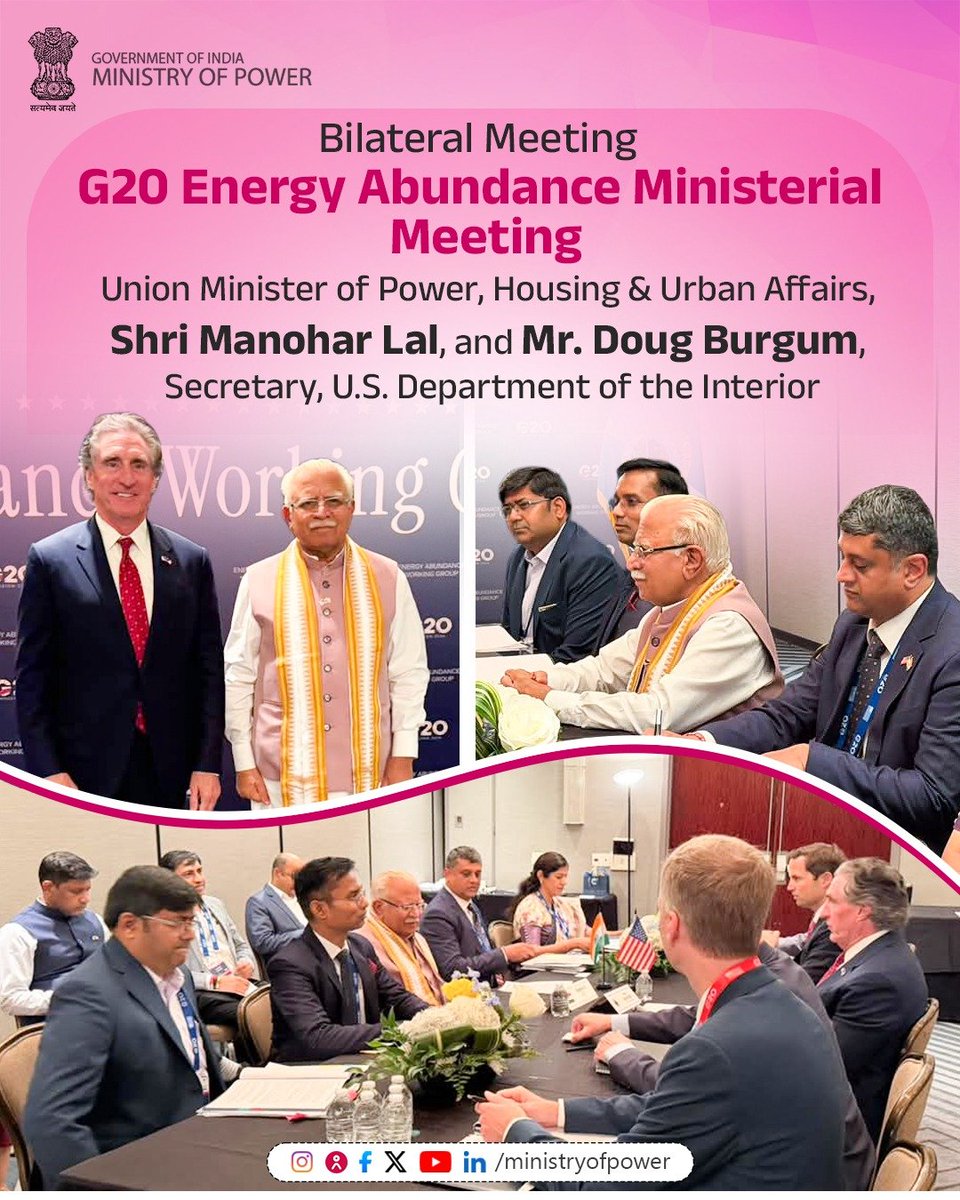 MinOfPower's tweet photo. @mlkhattar @officeofmlk @PIB_India @DDNewslive @airnewsalerts The Minister also held a bilateral meeting with Mr. @DougBurgum, Secretary, U.S. Department of the Interior, to discuss resilient energy infrastructure &amp; supply chains &amp; power sector transformation. 

@Interior https://t.co/DaJTrbpybm