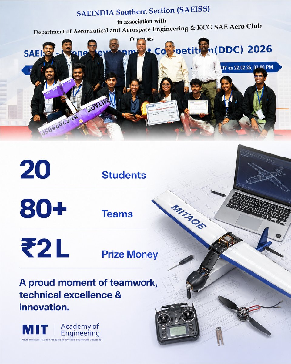 MITAOE's tweet photo. 🚀 MITAOE Takes Flight to National Glory! ✈️🏆 Two teams secured AIR 1 at the SAEINDIA Drone Development Challenge 2025–26! 🇮🇳🚁
🥇 Team Blitzkrieg – Regular Class | Team Ashwamedh – Micro Class | 20 Students | 80+ Teams | ₹2 Lakh Prize Money 🏆✨ https://t.co/2mGEUGd1Lq