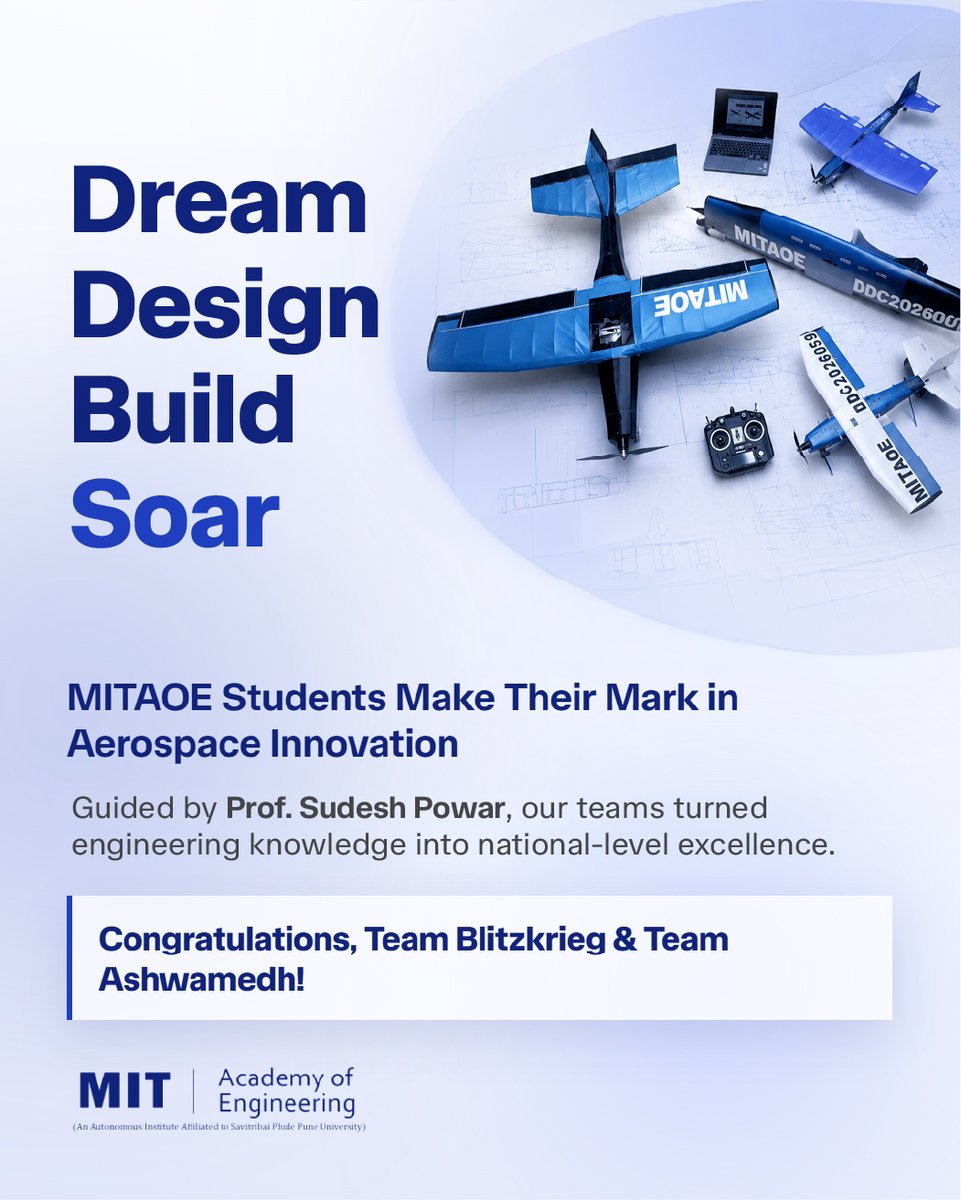 MITAOE's tweet photo. 🚀 MITAOE Takes Flight to National Glory! ✈️🏆 Two teams secured AIR 1 at the SAEINDIA Drone Development Challenge 2025–26! 🇮🇳🚁
🥇 Team Blitzkrieg – Regular Class | Team Ashwamedh – Micro Class | 20 Students | 80+ Teams | ₹2 Lakh Prize Money 🏆✨ https://t.co/2mGEUGd1Lq