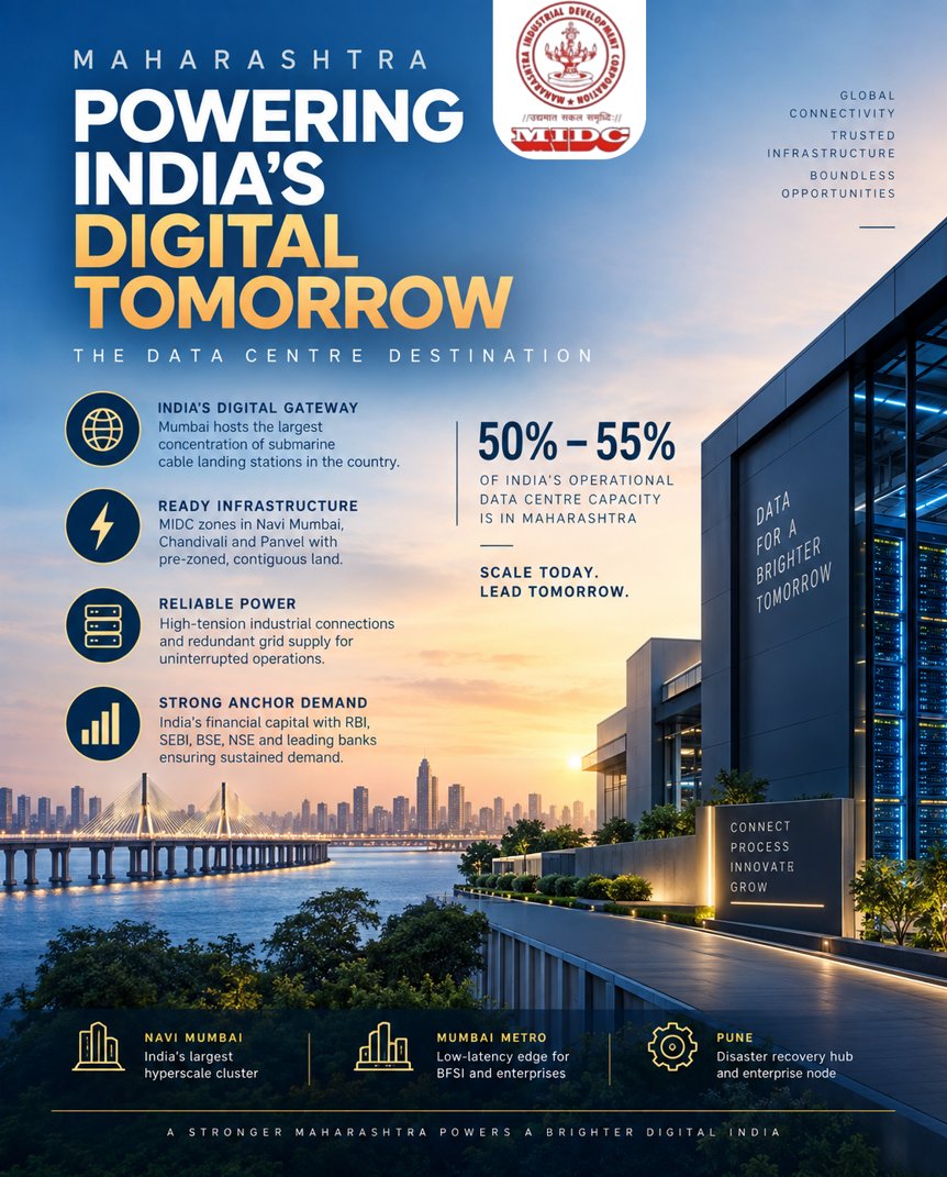 midc_india's tweet photo. MAHARASHTRA IS POWERING INDIA’S DIGITAL ECONOMY. ⚡

When data needs speed, resilience and scale, Maharashtra is built for it.

The State accounts for an estimated 50–55% of India’s operational data centre capacity, supported by global connectivity, industrial infrastructure, reliable power and one of India’s strongest enterprise ecosystems.

🌐 CONNECTED TO THE WORLD
Mumbai’s extensive submarine cable landing ecosystem provides high-speed international connectivity and efficient data routes.

🏗️ INFRASTRUCTURE READY TO SCALE
MIDC locations across Navi Mumbai, Mumbai, Chandivali and Panvel offer industrial infrastructure and development-ready land for large-scale facilities.

⚡ POWERING ALWAYS-ON OPERATIONS
High-tension industrial connections and redundant power supply avenues support mission-critical data centre operations.

🏦 DEMAND AT THE DOORSTEP
With Mumbai as India’s financial capital and a major hub for BFSI, financial markets and enterprises, Maharashtra offers a strong demand ecosystem for digital infrastructure.

THE POLICY ENVIRONMENT IS BUILT FOR GROWTH.

Under Maharashtra’s IT/ITeS Policy and the Green Integrated Data Centre Park framework, investors can access:

₹ Industrial Power Advantage
Data centres receive standard industrial power tariffs.

📑 Fiscal Incentives
100% stamp duty exemption and electricity duty waivers for eligible periods, along with customised packages for large investments.

24×7 Operational Flexibility
Essential-services designation supports uninterrupted operations throughout the year.

🏢 Development Flexibility
Relaxation of FSI/FAR norms, including provisions supporting multi-storey data centre facilities.

🌱 Green Power Integration
Open-access provisions facilitate sourcing renewable energy to support sustainability and hyperscaler ESG requirements.

📍 Three strategic hubs. One powerful ecosystem.
NAVI MUMBAI — Hyperscale & large-scale infrastructure
MUMBAI METRO — Low-latency enterprise & BFSI demand
PUNE — Enterprise & disaster-recovery ecosystem

The next wave of India’s digital infrastructure needs scale.

Maharashtra is ready to build it.

#Maharashtra #MIDC #DataCentres #DigitalInfrastructure #DataCentre #Hyperscale #CloudInfrastructure #ITInfrastructure #BFSI #NaviMumbai #Mumbai #Pune #InvestInMaharashtra #DigitalIndia #GreenDataCentres

@CMOMaharashtra @mieknathshinde @SunetraA_Pawar @samant_uday @naikindranil @midc_ceo @MahaDGIPR