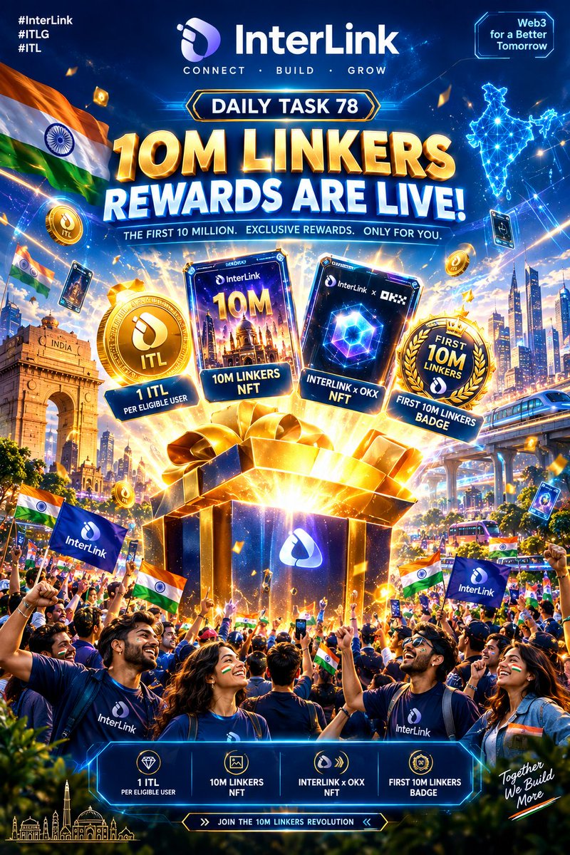 jplu0406's tweet photo. Show a gigantic futuristic golden gift box opening in the center, with glowing rewards emerging from inside: “1 ITL”, an exclusive “10M LINKERS NFT”, “InterLink x OKX NFT”, and the “FIRST 10M LINKERS BADGE”. Surround the gift box with excited Indian Linker

#InterLink #ITLG #ITL https://t.co/hG3jtJki5c