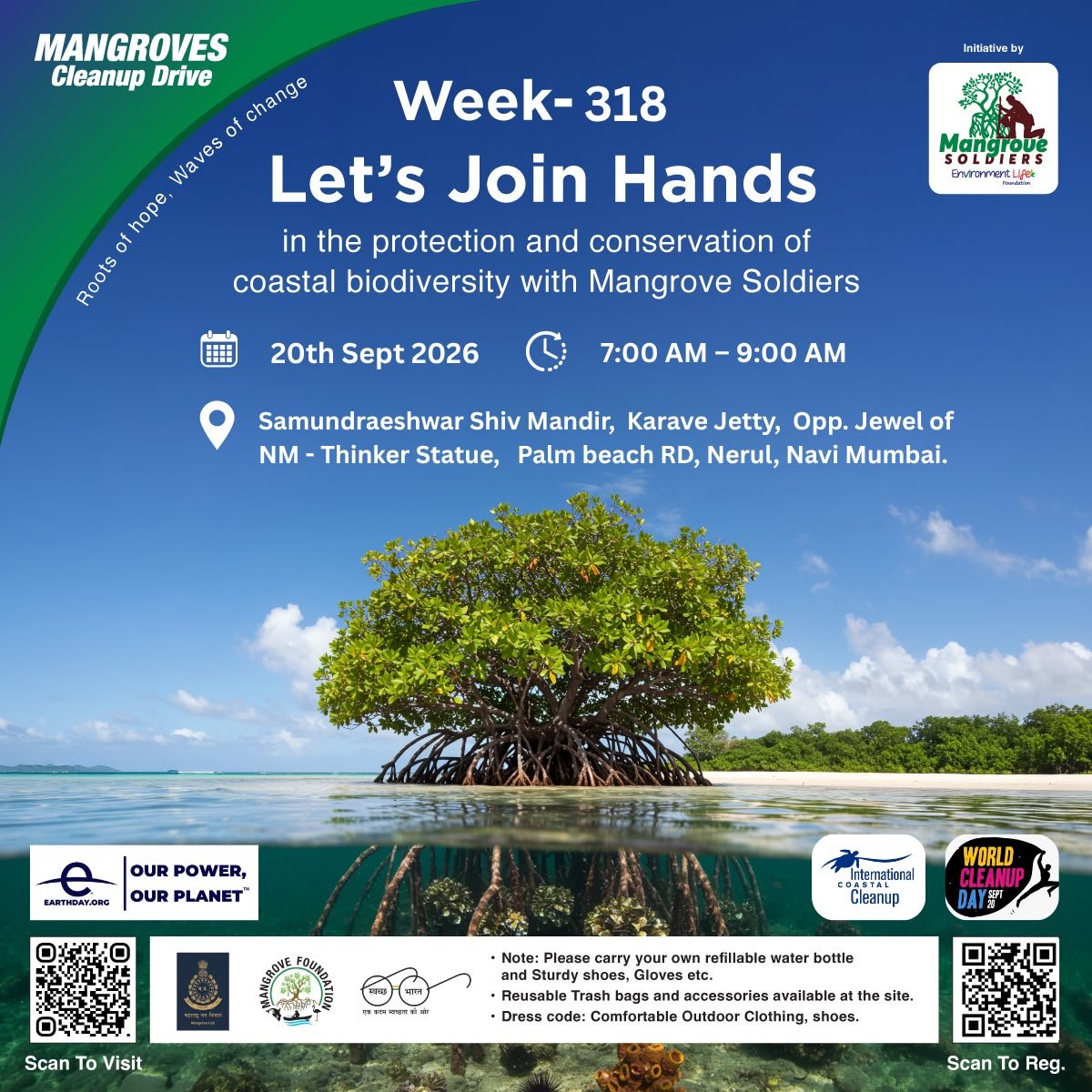 EnvironmentLife's tweet photo. 🌊 International Coastal Cleanup Day × World Cleanup Day

WEEK - 318
🗓️ Date: 20th Sept, 2026 (Sunday) 
⏰ Time: 7:00 AM to 09:00 AM 
📍 Location: Samundreshwar Shiv Mandir, Karave Jetty, Near Palm Beach Rd, Nerul (W)

Info
📞 9773274296 / 8329213062 

@MangroveForest @moesgoi https://t.co/cnOP9Pkt8M