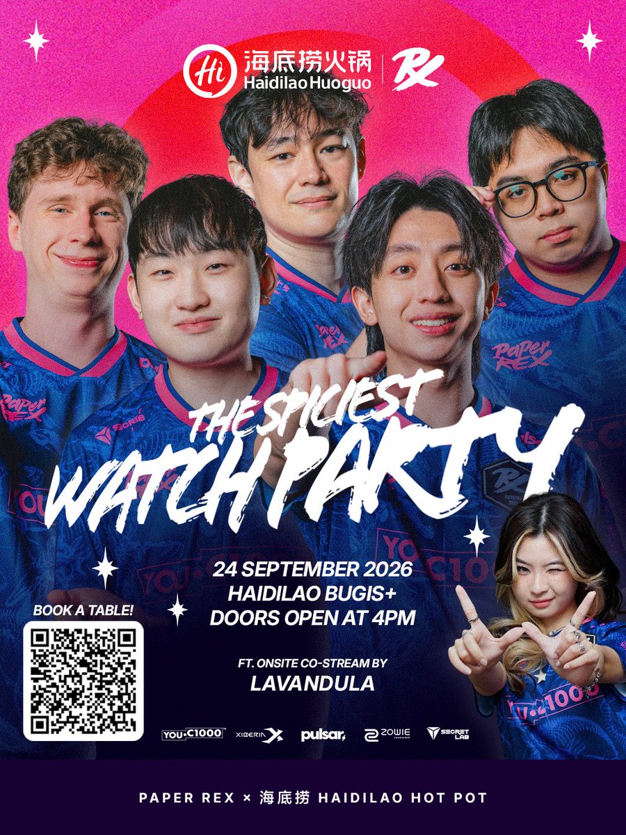 pprxteam's tweet photo. Calling all Paper People and HDL lovers! 🦖🔥

Get ready to cheer, scream and watch PRX together!
Paper Rex × Haidilao is bringing The Spiciest Watch Party to Singapore for VALORANT Champions Shanghai! 🌶️🎮

Enjoy the match over hotpot, meet fellow Paper People and experience the PRX energy together. Plus, look out for special fan activities and limited campaign rewards available onsite. 👀

Slots are limited! Scan the QR code to register now. Reservations are subject to confirmation.

Please note that Haidilao is not Halal.

#PRXatHaidilao #HaidilaoValorantWatchParty #HaidilaoVALORANT #VALORANTChampions #HaidilaoSingapore