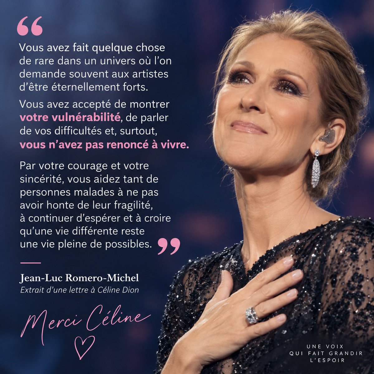 JeanLucRomero's tweet photo. Une lettre à Céline Dion. ❤️

Depuis l’annonce de votre maladie, je pense souvent à vous.
Peut-être parce que je sais, moi aussi, ce que signifie vivre avec une maladie et décider d’en parler publiquement. En 2002, j’ai révélé ma séropositivité. Je sais ce que cela peut changer dans le regard des autres, les silences, les peurs, parfois la difficulté simplement à rester soi-même.
Mais je sais aussi que parler peut libérer. Et surtout, que la maladie ne doit jamais résumer une vie.
C’est ce qui me touche tant dans votre parcours. Vous avez accepté de montrer votre vulnérabilité, de parler de vos difficultés, dans un univers où l’on demande souvent aux artistes d’être forts, beaux et invincibles.
Vous avez montré qu’on pouvait être fragile et continuer à avancer.
Votre courage dépasse largement votre histoire personnelle. Il donne de la force à toutes celles et tous ceux qui vivent avec la maladie, parfois dans le silence.
Vos chansons nous ont accompagnés dans tant de moments de nos vies.
Aujourd’hui, par votre courage, vous nous donnez encore quelque chose de précieux : l’espoir.
Et peut-être cette certitude :
la maladie peut changer une vie, mais elle ne doit pas en écrire seule la fin.
Merci Céline. ❤️

Extrait d’une lettre que je vous adresse, avec toute mon affection et mon respect.

#CélineDion #Courage #Espoir #VIH #Vivre
@celinedion @ElusContreSida @JFGuyot