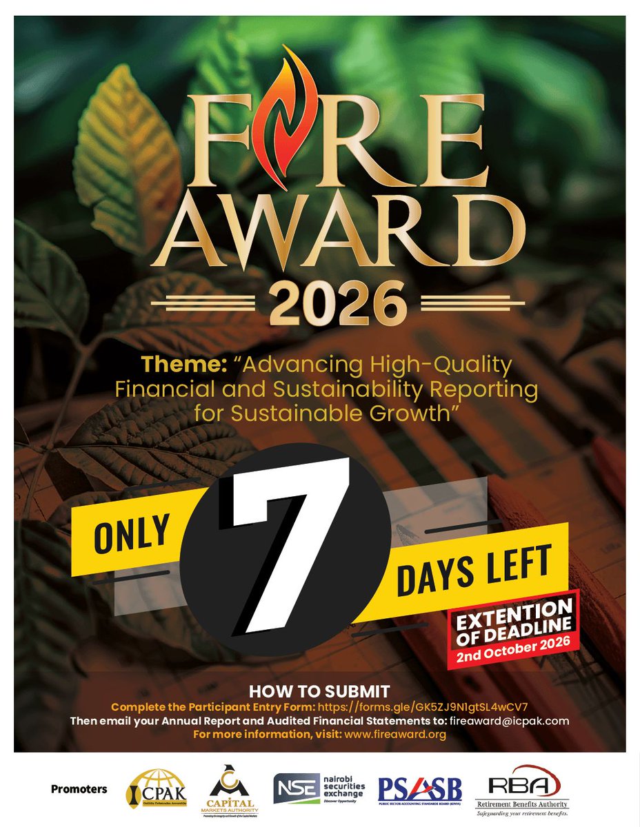RBAKenya's tweet photo. 🔥 ONE WEEK TO GO!
Only 7 DAYS remain before the FIRE Award 2026 submission deadline.
Have you submitted your entry yet?
⏳ Complete your submission and be part of this year's awards.
📅 2 October 2026
#FIREAward2026 #FIRE2026 #OneWeekToGo https://t.co/gZynn4xNYu