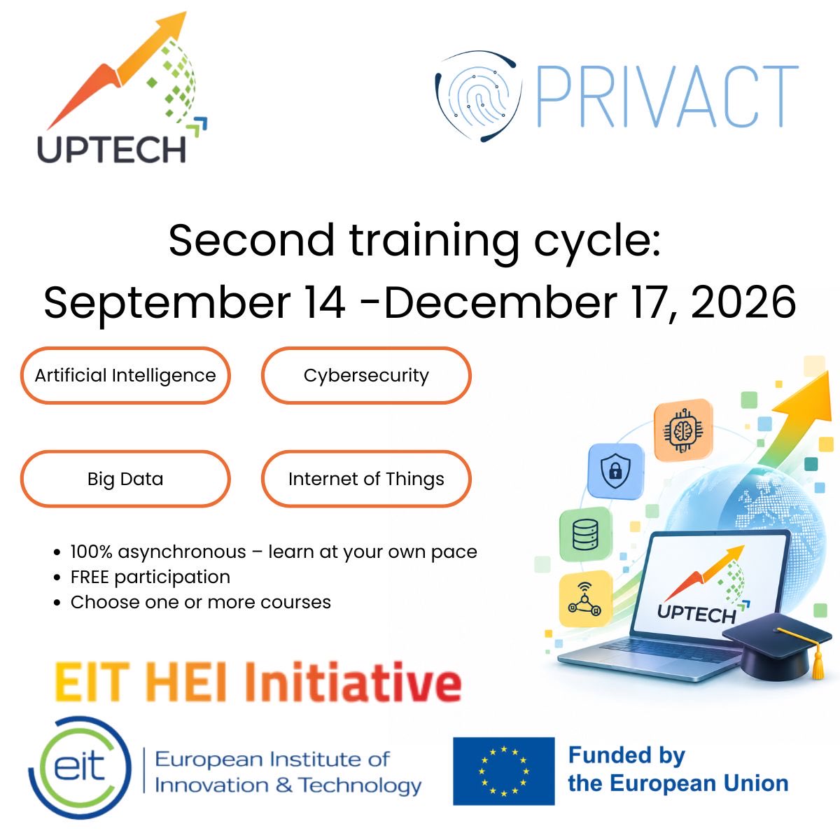 privactpc's tweet photo. π€ Artificial Intelligence π Cybersecurity π Big Data π Internet of Things (IoT)
Each course offers 3 ECTS, and participants who successfully complete a course will receive a personalised certificate from EIT.
π» 100% asynchronous β learn at your own pace
#UPTECH #PRIVACT https://t.co/HIEWaKHc4J