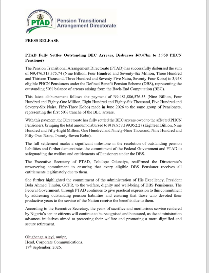 PTADNigeria's tweet photo. PTAD Fully Settles Outstanding BEC Arrears, Disburses ₦9.47bn to 3,958 PHCN Pensioners
#PTAD #COD #CheckOffDues #DBSPensioners #PensionTransitionalArrangementDirectorate https://t.co/vq6mgIsbrD