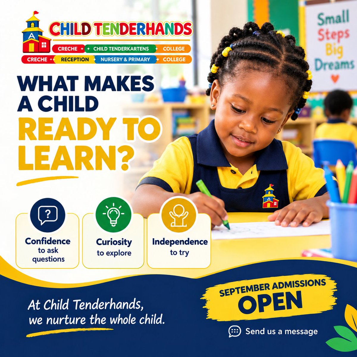 childtenderhand's tweet photo. What makes a child ready to learn?

Confidence to ask questions.
Curiosity to explore.
Independence to try.
At Child Tenderhands, we nurture the whole child and help young minds learn, grow and thrive.
🎓 September Admissions are OPEN!

📩 Send us a message.

#SchoolAdmissions https://t.co/JssoTDG5Oy