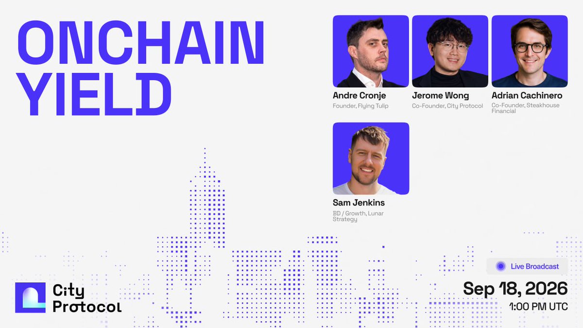 cityprotocolHQ's tweet photo. We are glad to have
🔹 @AndreCronjeTech , Founder of @flyingtulip_ 
🔹 Adrian Cahinero, Co-founder of @SteakhouseFi 
🔹 @jerome_wong99 , Co-founder of @cityprotocolHQ 
🔹 Sam Jenkins from @LunarStrategy 

joining us tomorrow (1 PM UTC, 18 SEP) to discuss onchain yield. 

Tune in here for the livestream. See you all