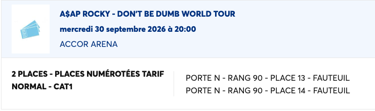 thisisMatteo's tweet photo. Je vends 2 places en tribune pour A$AP Rocky, achetés 90e unités, contactez-moi ! https://t.co/zyH5sBOKyp