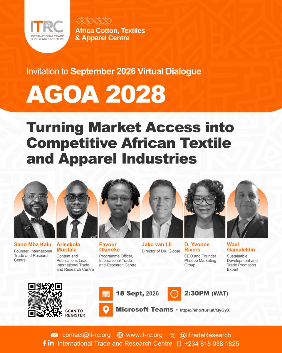 ITradeResearch's tweet photo. 🚨 ONE DAY TO GO!
How can Africa turn the next AGOA window into real investment, stronger regional value chains, and competitive textile &amp; apparel industries?

📅 18 Sept | ⏰ 2:30 PM WAT | 💻 Virtual

Register now: https://t.co/1xsDnQh2lj

#AGOA2028 #AfCFTA #AfricaCTA #ITRC https://t.co/vx9XkMW9Wd