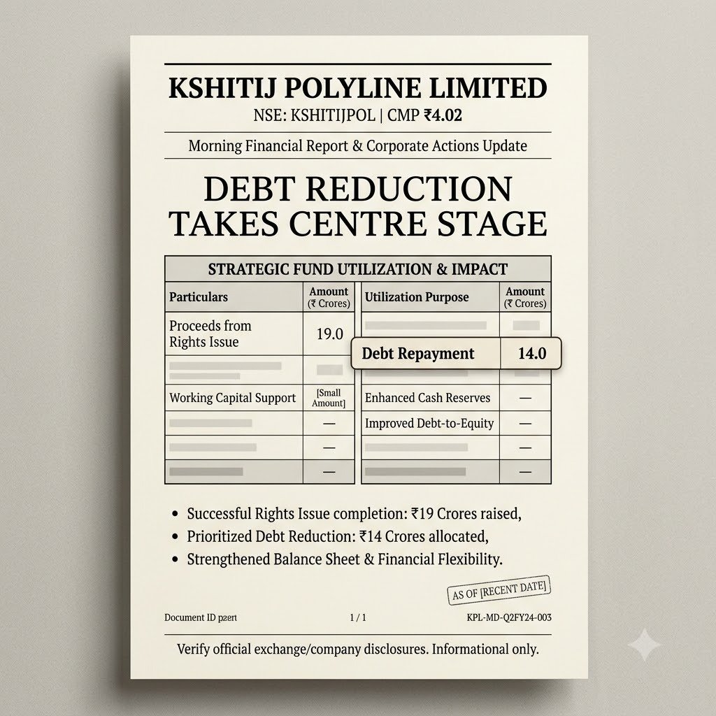 it_pujaa's tweet photo. Kshitij Polyline CMP ₹4.02 — NCLT acquisition complete. Recycling plant land acquired. Plastics business established. Debt repayment chal raha hai. FY26 PAT ₹3.55 Cr. #MultiBaggerStockInNews https://t.co/xNvzyyq2Jr