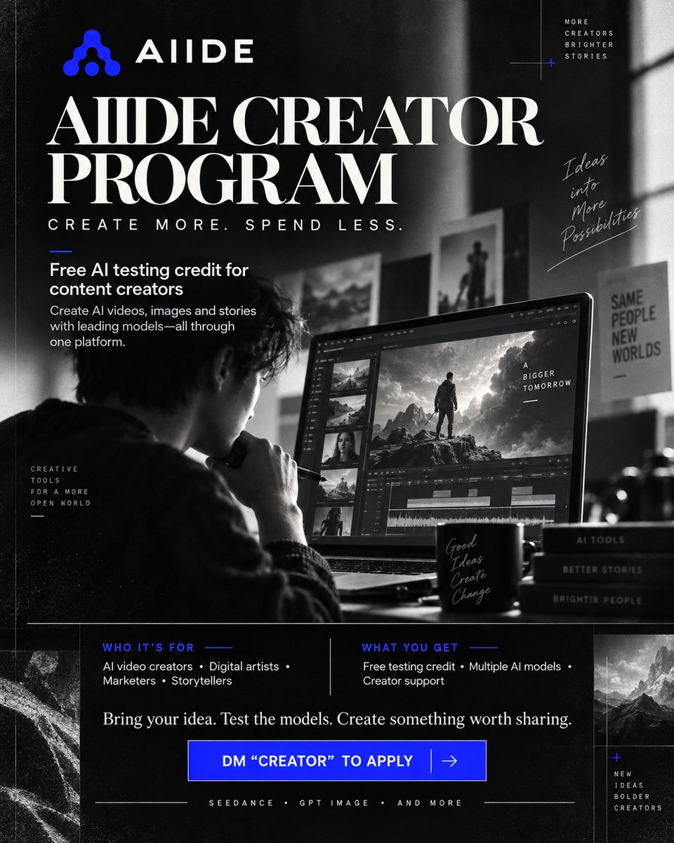 jin114oo's tweet photo. AI creators—what would you create with free AI credits? 🎬

We’re inviting creators to test AIIDE with up to US10 in free testing credit.

Explore leading AI models for:
• AI video generation
• Images and creative visuals
• Scripts, captions and ideas
• Content experiments
Create something for your audience and share your honest feedback with us.
Interested? Follow AIIDE and comment “CREATOR” or DM me to apply ↓
#AIContentCreator #AIVideo #GenerativeAI #Seedance #AIArt