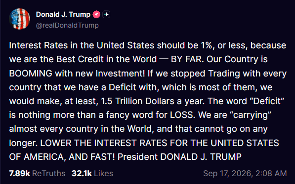 thisisksa's tweet photo. Trump calls for the Federal Reserve to cut U.S. interest rates to 1% or lower.

“LOWER THE INTEREST RATES FOR THE UNITED STATES OF AMERICA, AND FAST!” https://t.co/AryN0K2hIs