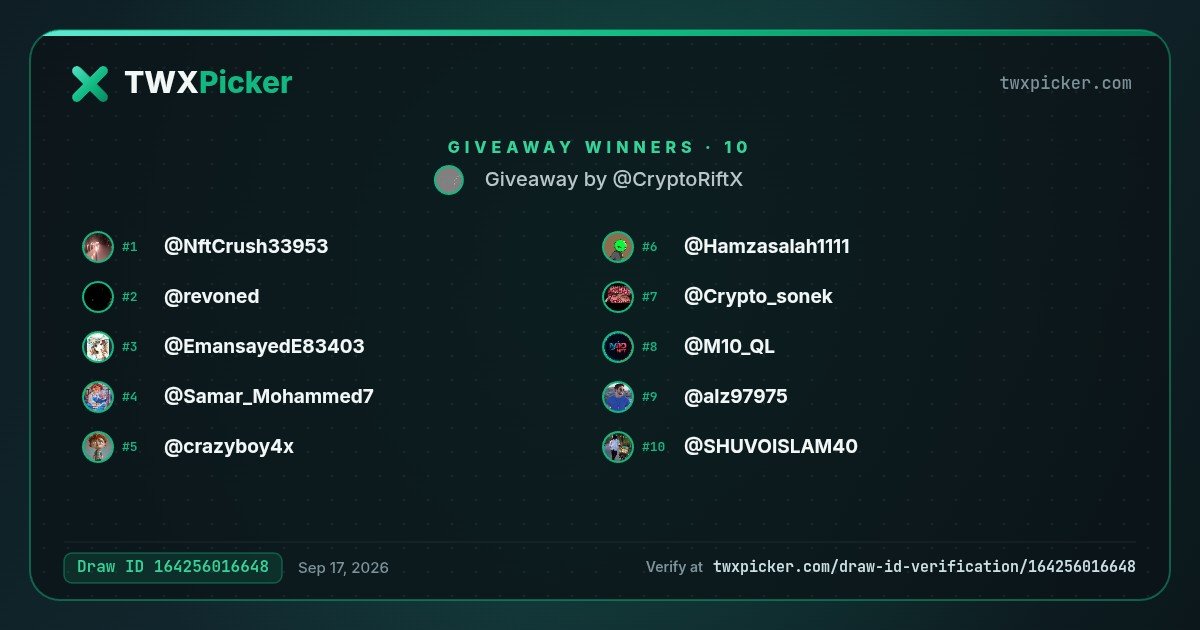 CryptoRiftX's tweet photo. 🎉 Our 10x fcfs giveaway winners:

🏆 @NftCrush33953
🏆 @revoned
🏆 @EmansayedE83403
🏆 @Samar_Mohammed7
🏆 @crazyboy4x
🏆 @Hamzasalah1111
🏆 @Crypto_sonek
🏆 @M10_QL
🏆 @alz97975
🏆 @SHUVOISLAM40

Verify it: https://t.co/ii3LkkP61R · Draw ID: 164256016648 ✅

5x GTD winner 
🎉 Our giveaway winners:

🏆 @NftCrush33953
🏆 @joni8ps
🏆 @NFather51163
🏆 @crazyboy4x
🏆 @WaleedMohaxh

Verify it: https://t.co/ii3LkkP61R · Draw ID: 808875694981 ✅

@twxpicker #TwXPicker #Giveaway