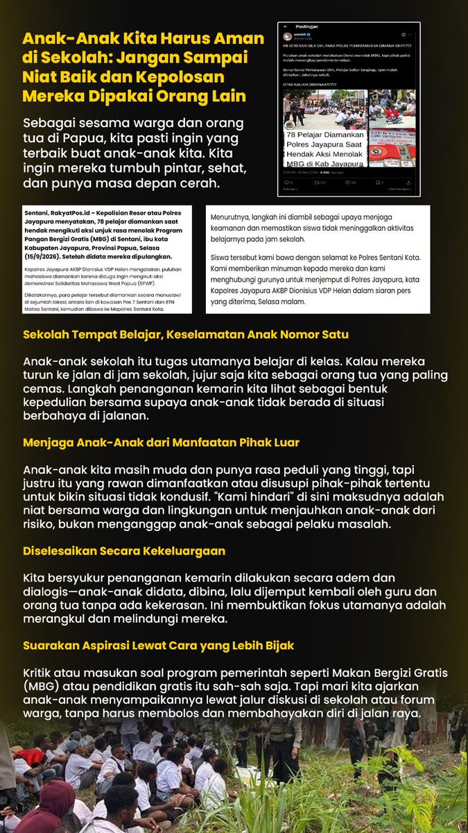 AgusSuyoono's tweet photo. Syukur anak-anak aman berkat gerak cepat aparat kepolisian di Sentani

#Polri #MBG #Jayapura #AksiDemo https://t.co/5jwGnOwu41