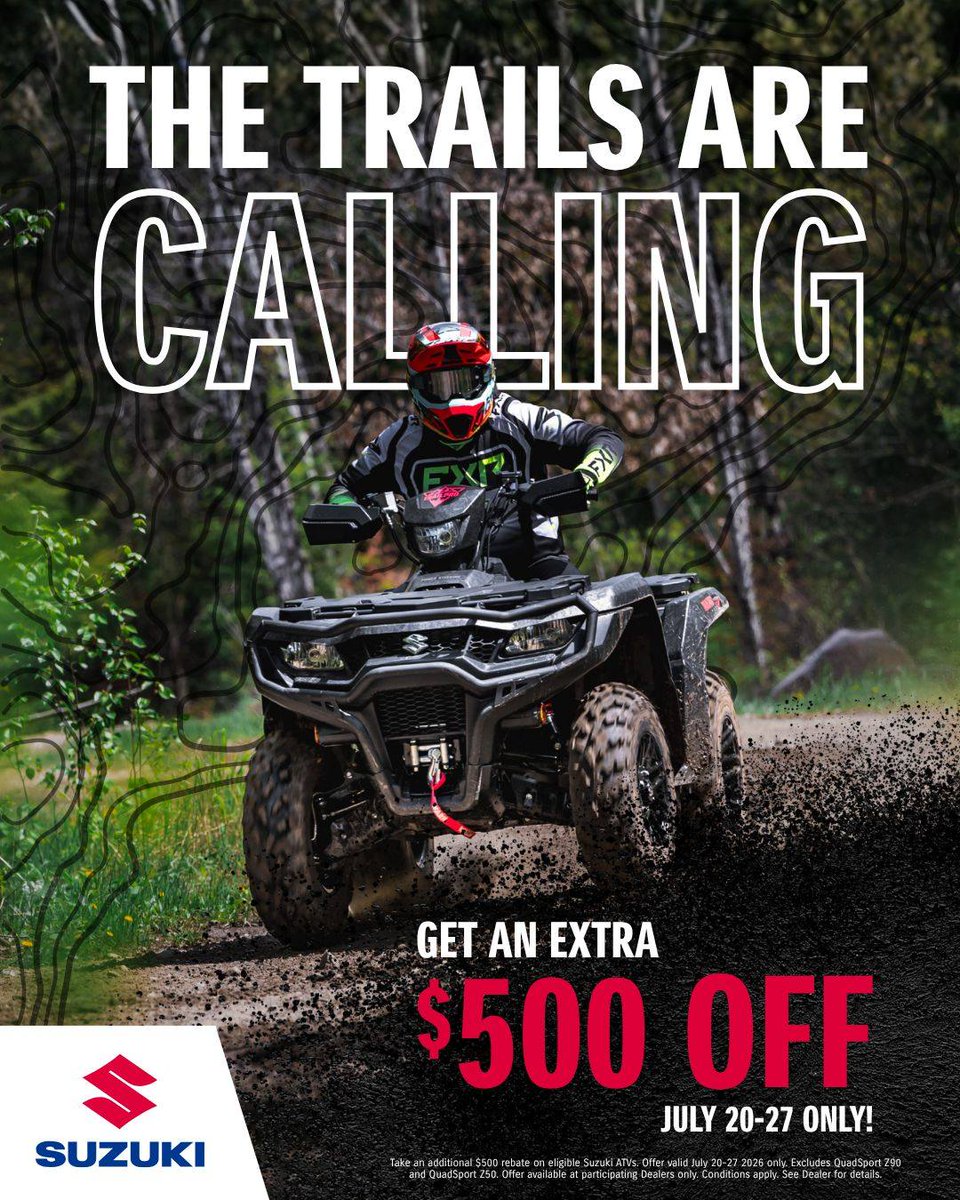 TinishaPoew7k's tweet photo. The trails are calling. Answer the call. Summer is here, and adventure awaits. From July 20–27, get an additional $500 rebate on eligible Suzuki KingQuad models, stackable with other eligible Suzuki Canada retail incentives. Visit us today. https://t.co/8EizlznIZm