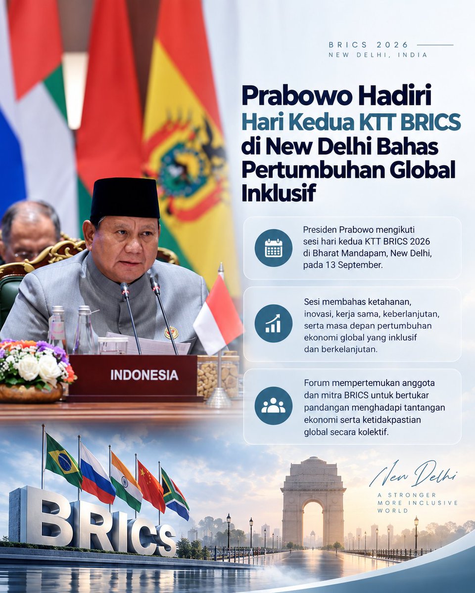 ayudia01_'s tweet photo. Mari kita dukung terus langkah strategis Indonesia di kancah internasional demi masa depan ekonomi global yang lebih adil dan berkelanjutan!  #jagaindonesia #kttbrics2026 #newdelhi #prabowosubianto #perturbuhanglobal https://t.co/57051cSlqc