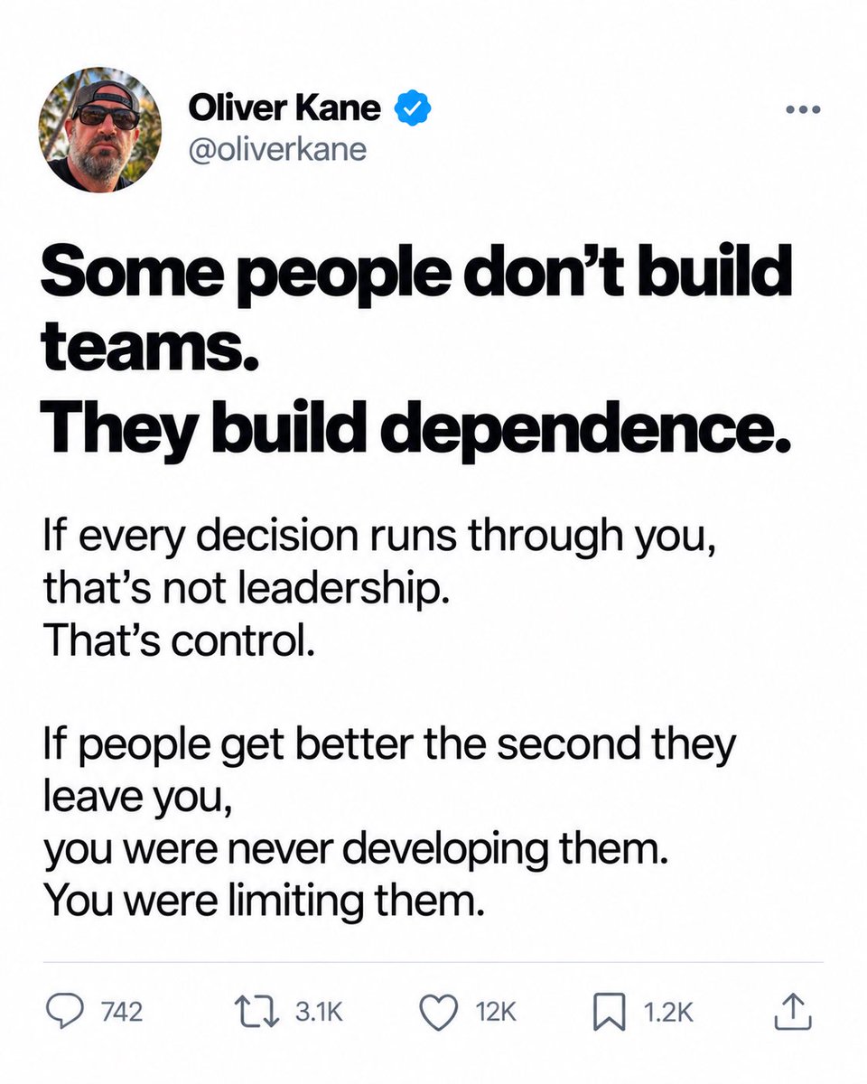 KanesREGroup's tweet photo. Some people don’t lead teams.

They collect followers until the followers figure it out.

I’ve watched this happen in real estate.

Someone builds a room around their personality.
Everyone depends on them.
Every decision runs through them.
Every problem becomes their problem.
Every win gets centered around them.

From the outside, it looks like leadership.

Big energy.
Big opinions.
Big promises.
Big “culture.”

But over time, people start seeing the truth.

There’s no real development.
No real standards.
No real accountability.
No real system.
No real growth path.

Just one person trying to stay important by making sure everybody else stays dependent.

That is not leadership.

That is control.

And control always has an expiration date.

Because eventually good people get tired of being managed by emotion.

They get tired of the chaos.

They get tired of the hero act.

They get tired of being told they’re part of a mission when really they’re just carrying someone else’s ego.

Real leadership does not need everyone confused, needy, scared, or loyal to a personality.

Real leadership creates clarity.

It builds people who can think.
It builds standards people can follow.
It builds systems that don’t collapse when one person leaves the room.
It builds confidence, not dependency.

And here’s the part that pisses weak leaders off:

If people only perform when you’re hovering over them, you didn’t build leaders.

You built permission-seekers.

If people can’t make decisions without you, you didn’t build a business.

You built a bottleneck.

If people leave and immediately get better, you were never developing them.

You were limiting them.

Leadership is not being the loudest person in the room.

It’s not being needed for every answer.

It’s not being the hero of every story.

Leadership is building people so well that they don’t need you for every damn thing.

That’s the difference between building a team…

and building a cult with commission splits.