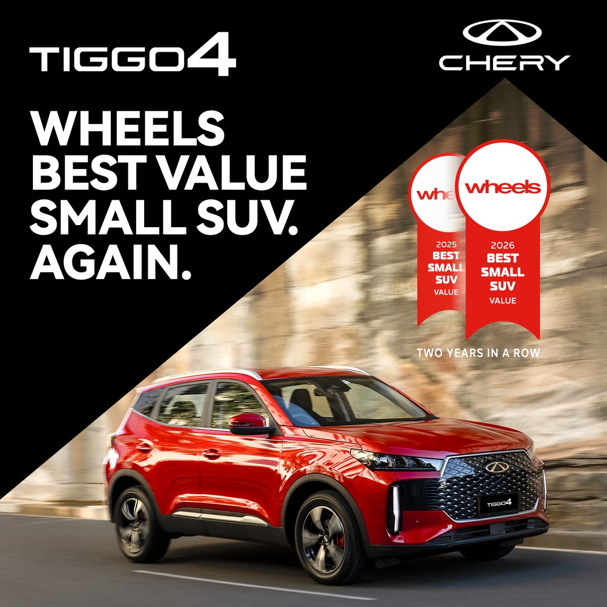 HoustonGernii's tweet photo. Back to Back The Chery Tiggo 4 has been crowned Wheels’ Best Value Small SUV two years in a row—because some things just keep getting better. https://t.co/h2VUSUCVOW