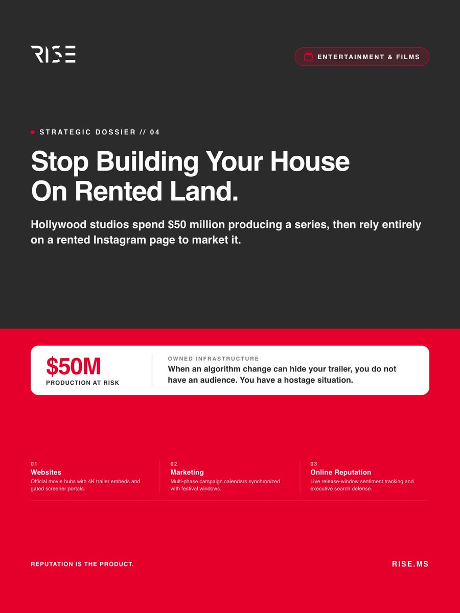 RiseDotms's tweet photo. Hollywood studios spend $50 million on a series, then rely on a rented Instagram page to market it. If an algorithm change can hide your trailer, you do not have an audience, you have a hostage situation. https://t.co/fIpYSZAFWK