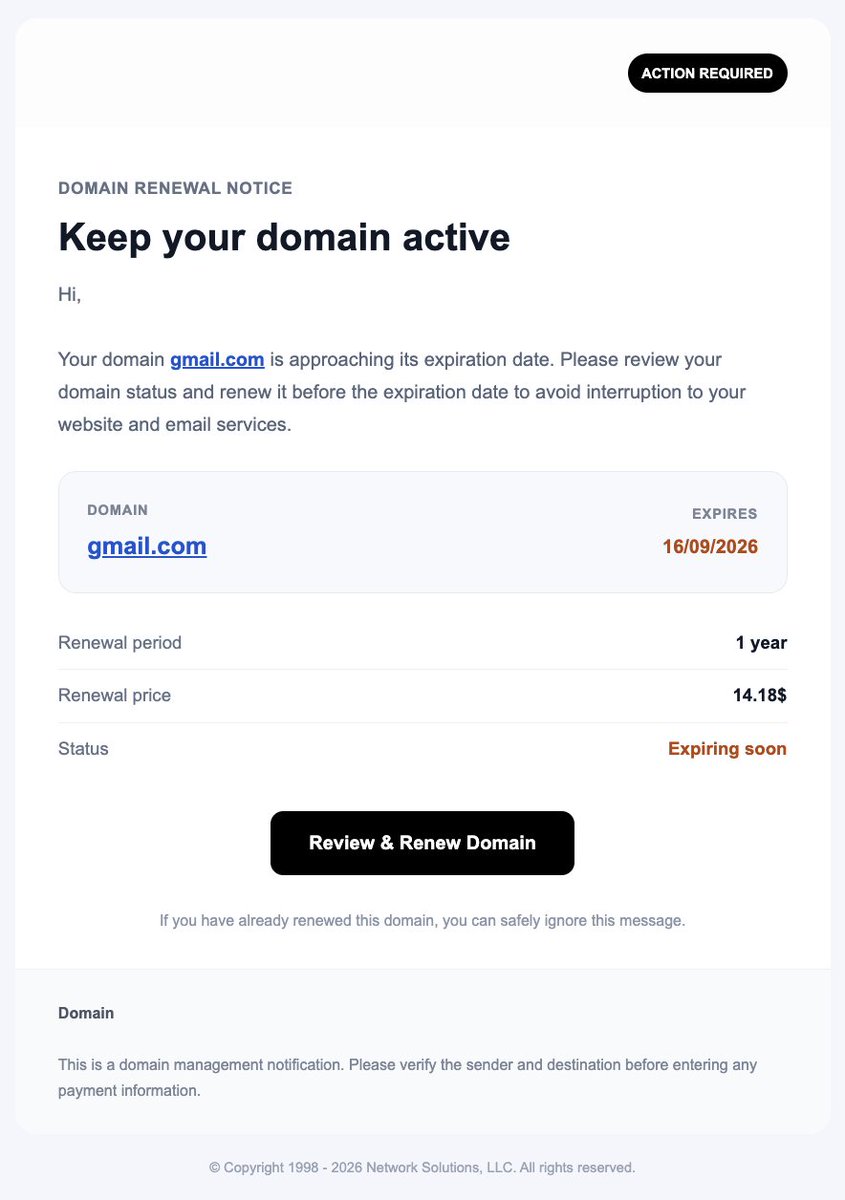 jebbery's tweet photo. Ohhh, let me quickly renew @gmail's domain, it's only $14.18 🤣
All jokes asside: be careful out there 🚨

#spamboxfinds #security #phishing https://t.co/qLJg9lGo8x