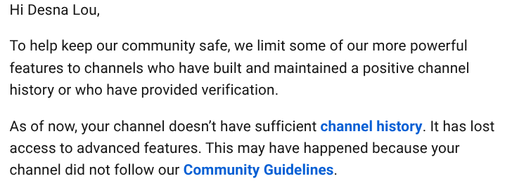 desnalou's tweet photo. Ahh yes, when the great YouTube decides to take away your advanced channel features a week before you come back 🙃
I wasn't even gone that long and I just uploaded a week ago! https://t.co/l80ObGtYfR