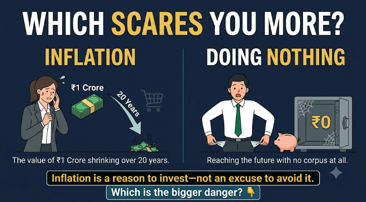 t_raajan's tweet photo. Inflation is a reason to invest—not an excuse to avoid it.

Yes, ₹1 crore in 20 years won’t buy what ₹1 crore buys today.

But doing nothing guarantees your cash loses purchasing power.

Which scares you more: inflation—or reaching the future with no corpus at all? https://t.co/RrWT7pDIPz