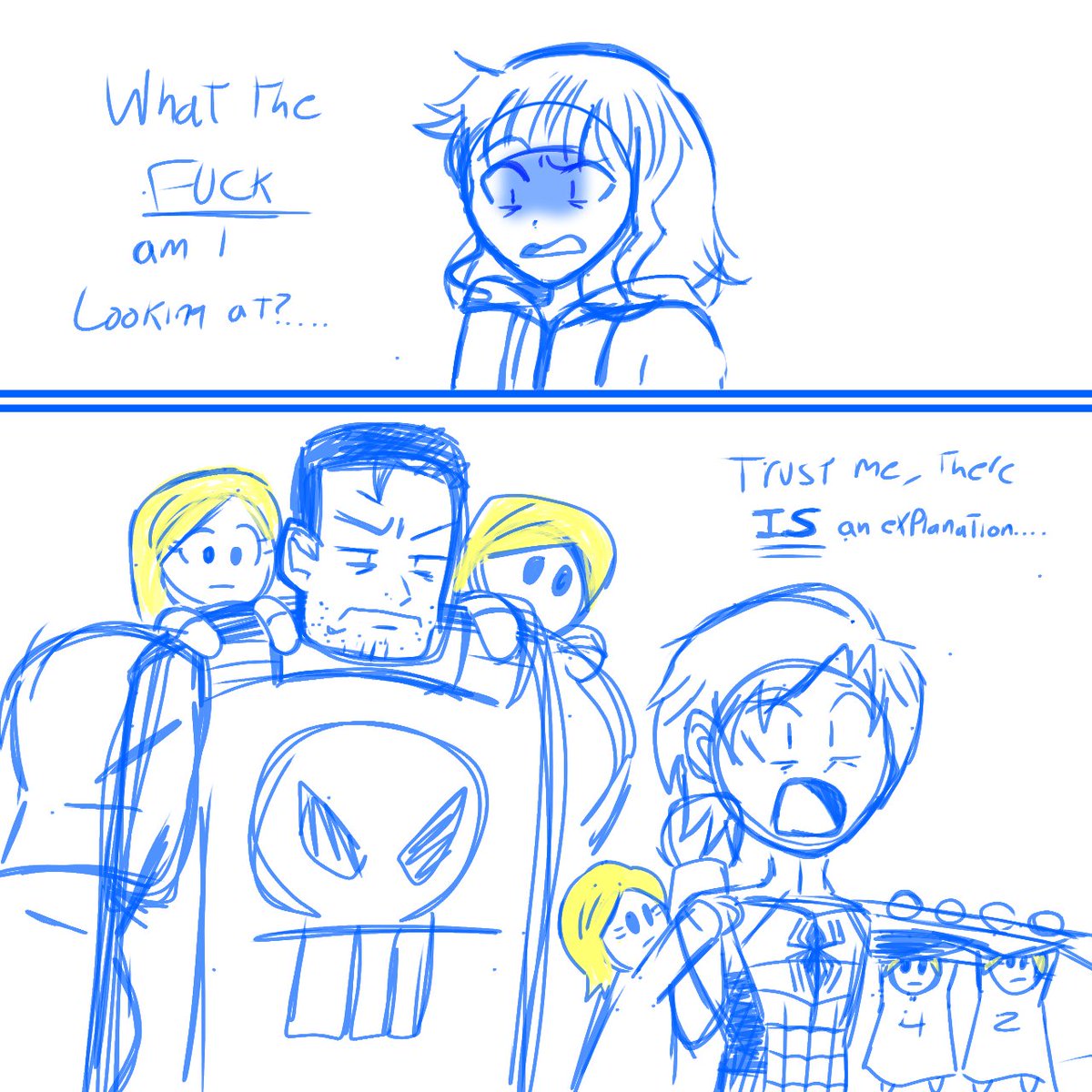 MagisterOfOz's tweet photo. A spider, a potato, a guy with SERIOUS issues and their new hivemind quintuplets.....
It's the perfect recipe for disaster.... Also they weren't finished cooking so that's why they're Chibis....
#spiderman #jeangrey #ThePunisher #StepfordCuckoos https://t.co/CkhXvlNQ0W