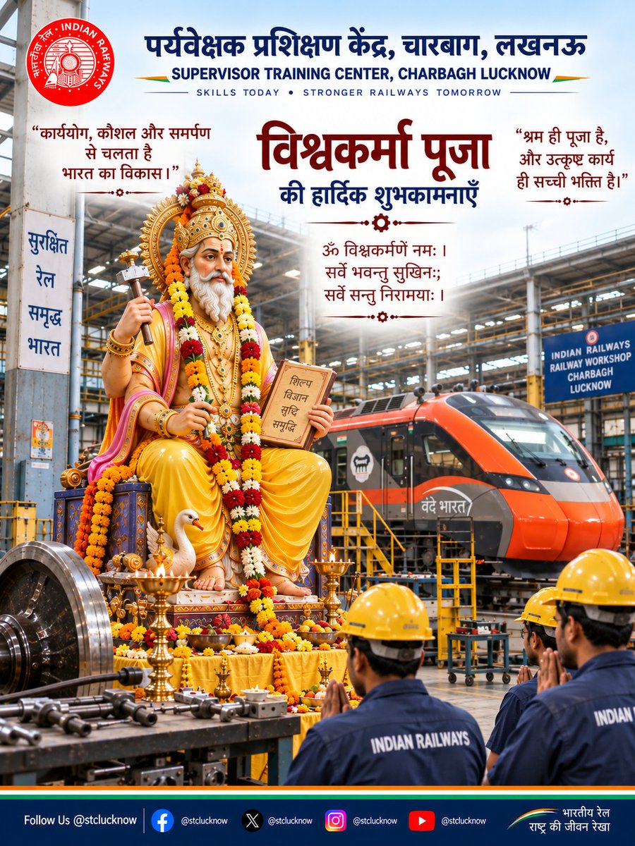 stclucknow's tweet photo. विश्वकर्मा पूजा के पावन अवसर पर STC लखनऊ की ओर से हार्दिक शुभकामनाएँ। 🙏

भगवान विश्वकर्मा हमें कौशल, सुरक्षा, नवाचार एवं उत्कृष्टता का आशीर्वाद प्रदान करें।  🚆🇮🇳

#VishwakarmaPuja #STCLucknow #IndianRailways https://t.co/RAXhJIKjfS