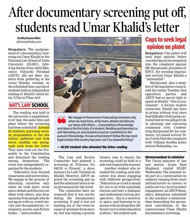 Girishbdwj's tweet photo. Students of NLSIU, considered the premier "cream" of law education in India, have read out a letter sent by Umar Khaleed inside the campus. I am stunned and dismayed that the students of NLSIU are supporting an Anti-National who sloganeered against the Nation. Such "pea-brained" students must be severely reprimanded by the University, as this is not showcasing their freedom of speech but a criminal act of legitimising the act and deeds of a Terrorist and his ecosystem. The buck doesn't stop here. Those indoctrinating the students with such anti-national and leftist philosophy should be dealt with disciplinary action. The very fact that these incidents are happening inside the campus of NLSIU is outrageous. This is not rational thinking but pseudo-intellectualism. I strongly urge for an inquiry against such incidents. The students have to dedicate themselves to the academics instead of crossing the boundaries and supporting Terrorists and their ecosystem.
