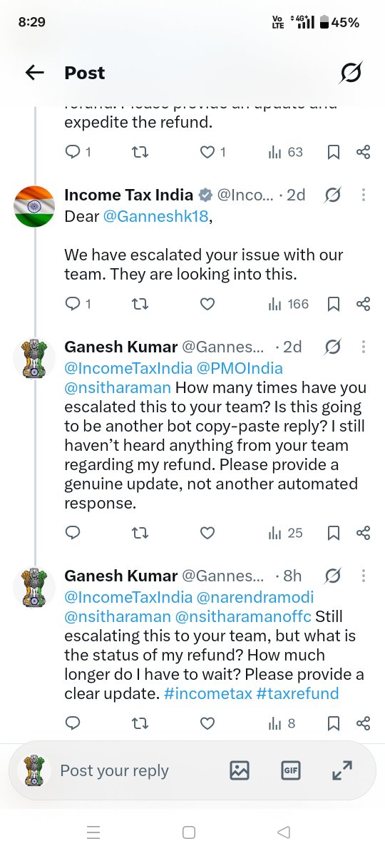 Ganneshk18's tweet photo. @nsitharaman @narendramodi @IncomeTaxIndia On PM Modi’s birthday, middle-class taxpayers still waiting for ITR refunds.
Grievances keep escalating to the team with zero response. Helpline only gives automated bot replies completely useless.
Immediate release of pending refunds needed. #ITRRefund #Modi https://t.co/8OuGT3ImAr