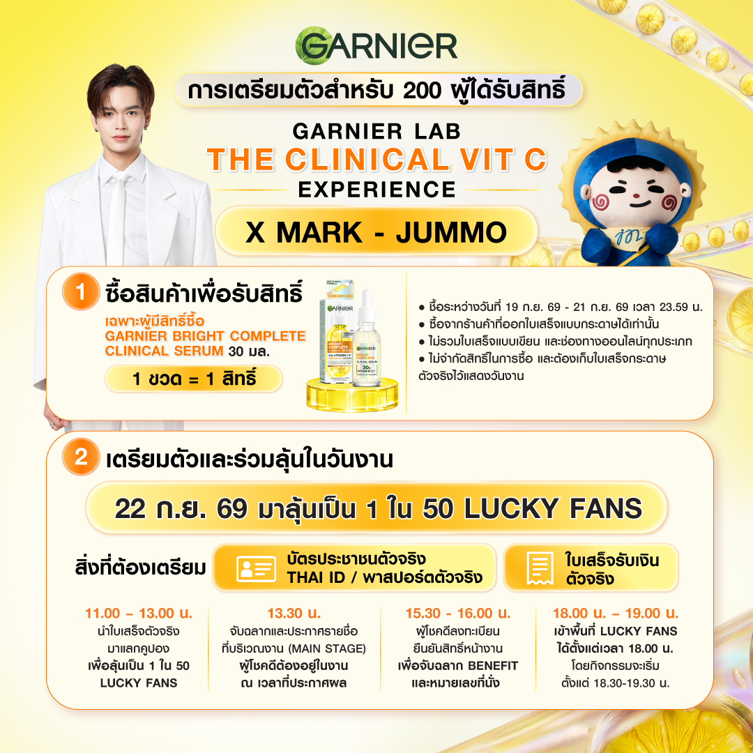 GarnierThailand's tweet photo. 200 คนผู้โชคดีที่มีสิทธิ์ในการซื้อของเพื่อลุ้นเป็น 50 Lucky Fans ที่จะได้เข้าพื้นที่งานแบบ Exclusive ต้องทำอะไรบ้าง มาดูกันนนนน ⭐️

เมื่อได้รับสิทธิ์แล้ว เตรียมตัวให้พร้อม!

1️⃣ซื้อ GARNIER BRIGHT COMPLETE CLINICAL SERUM ขนาด 30 มล. 1 ขวด = 1 สิทธิ์ (ไม่จำกัดสิทธิ์ในการซื้อ)

ช้อปได้ตั้งแต่วันที่ 19 – 21 ก.ย. 69 เวลา 23.59 น. ณ ร้านค้าที่สามารถออกใบเสร็จแบบกระดาษได้เท่านั้น (ไม่รวมใบเสร็จแบบเขียน และไม่สามารถสั่งซื้อผ่านช่องทางออนไลน์ได้)

2️⃣ผู้มีสิทธิ์ต้องเก็บใบเสร็จกระดาษตัวจริงไว้เพื่อนำมาแสดงและแลกคูปองวันงานวันที่ 22 กันยายน 69 เวลา 11.00 - 13.00 น.พร้อมกับบัตรประชาชนตัวจริง หรือ THAI ID หรือ พาสปอร์ตตัวจริง

3️⃣จับฉลากและประกาศรายชื่อที่บริเวณงาน (Main Stage) 
เวลา 13.30 น. โดยผู้โชคดีต้องอยู่ในงาน ณ เวลาประกาศผลเท่านั้น

4️⃣ผู้โชคดี 50 ท่าน ต้องยืนยันสิทธิ์หน้างาน เพื่อจับฉลาก Benefits และหมายเลขที่นั่ง เวลา 15.30 - 16.00 น.

5️⃣เข้าพื้นที่ Lucky Fans เวลา 18.00 น. โดยกิจกรรม GARNIER LAB THE CLINICAL VIT C EXPERIENCE X MARK-JUMMO จะเริ่มเวลา 18.30 - 19.30 น.
 
แล้วมาเจอกันในวันงาน!
 🗓️วันที่ 22 ก.ย. 69
📌 ชั้น 1 โซน EDEN, เซ็นทรัลเวิลด์ ✨

#GarnierClinicalLabxMarkJummo  #Markjrtn #Jummo