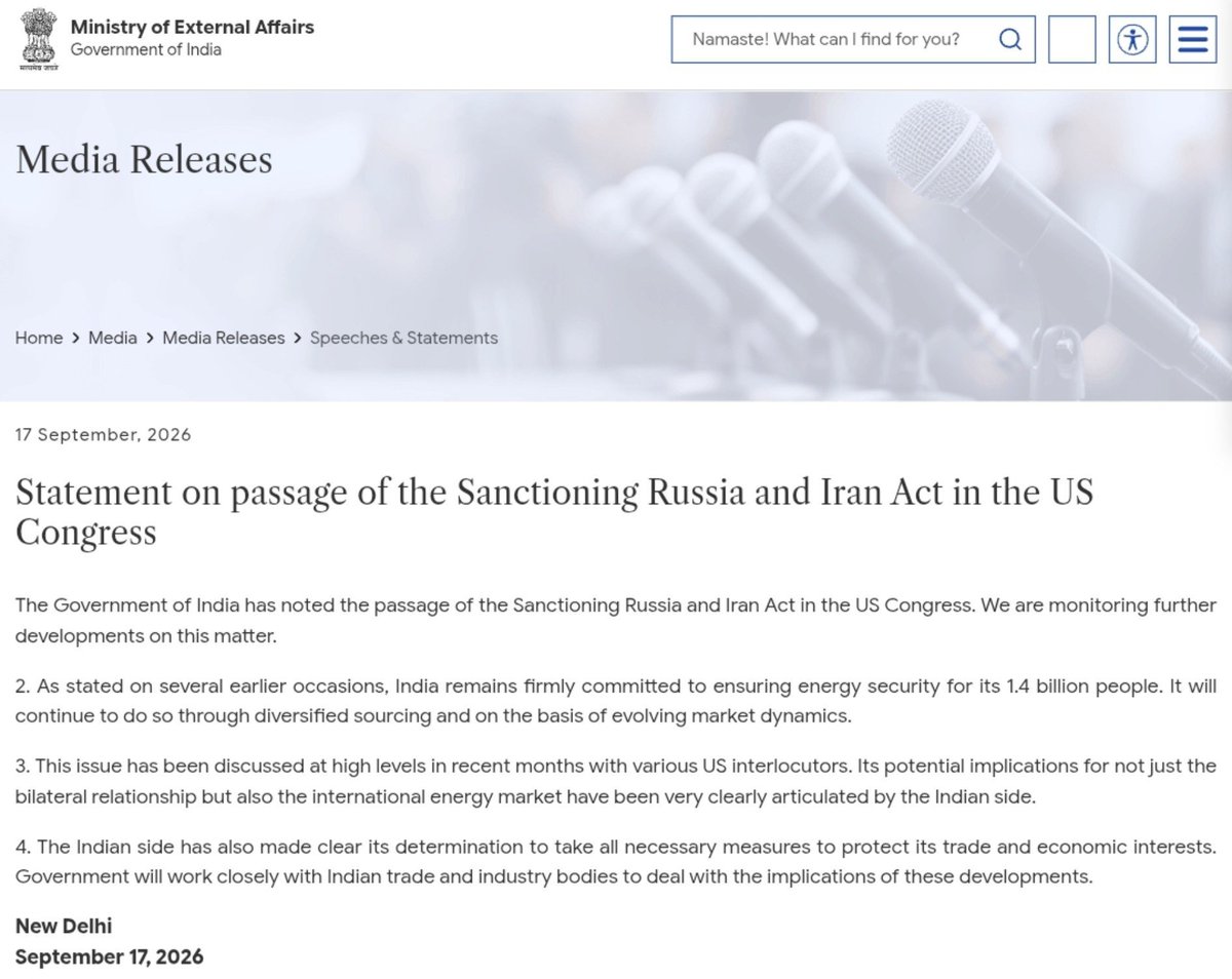 sidhant's tweet photo. Breaking:
India reacts to US bill passage that sanctions those importing energy from Russia

"India remains firmly committed to ensuring energy security for its 1.4 billion people. It will continue to do so through diversified sourcing &amp; on the basis of evolving market dynamics" https://t.co/mtC6Hda5Bi