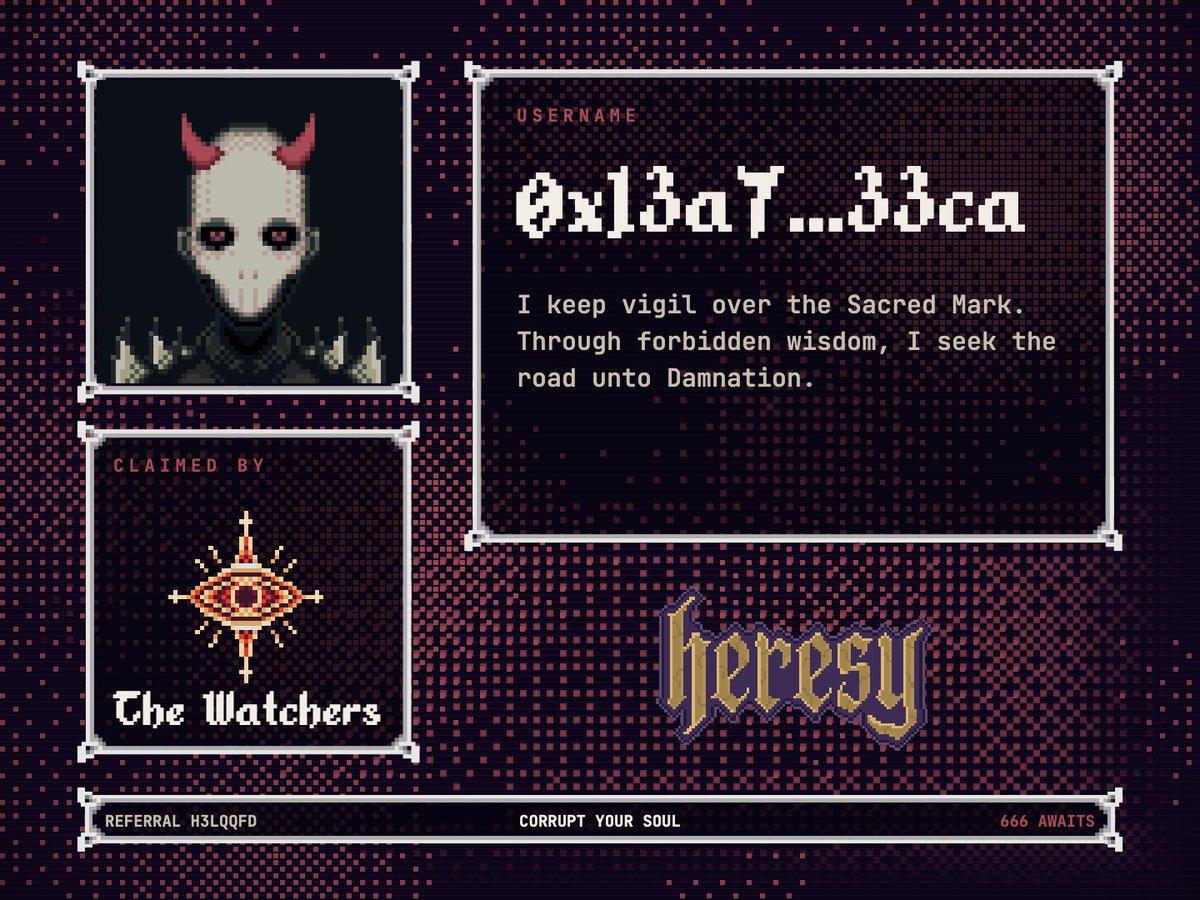 crucifore's tweet photo. I have been claimed by The Watchers.

I keep vigil over the Sacred Mark. Through forbidden wisdom, I seek the road unto Damnation.

Find your sect and enter the gates with @HeresyCult.

#HeresyCult

https://t.co/rxbUgs3gq8 https://t.co/Fi0EKMAeQz