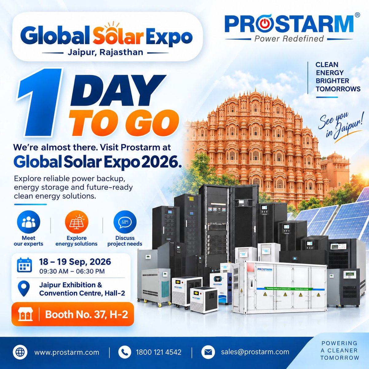 prostarm_india's tweet photo. Only 1 day to go! Join PROSTARM tomorrow at Global Solar Expo 2026 in Jaipur. Visit Booth 37, Hall-2 (JECC, Sept 18–19) to explore solar hybrid systems, UPS, and energy storage solutions. #PROSTARM #GlobalSolarExpo #JaipurEvents #PowerRedefined #MakeInIndia https://t.co/gjJ8lwZyEs