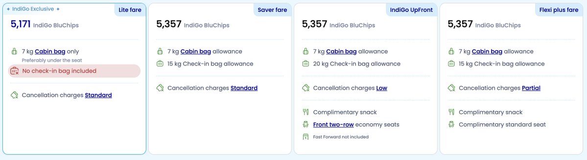 PointsPro's tweet photo. 🚨 Indigo Bluechip requirements are the same for all fares?

But don't get excited as the cash component increases accordingly.

Also it is so difficult to get good value from the chips. Needs constant monitoring (thanfully easy with AI).

Dear 6E, please revalue your program or at least keep it logical.