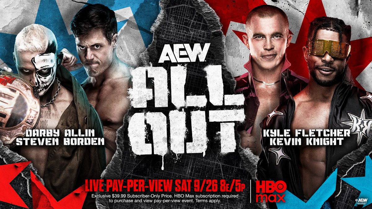 AEW's tweet photo. #AEWAllOut 9/26
Winner Gets Shot at AEW World Tag Team Title
@DarbyAllin/@StevenBorden vs @KyleFletcherPro/@Jet2Flyy
After both teams scored impressive wins in recent weeks, The DCF’s Fletcher &amp; The Jet will fight Darby &amp; Borden for a future shot at the AEW World Tag Team Title! https://t.co/ZmCIlksVGm
