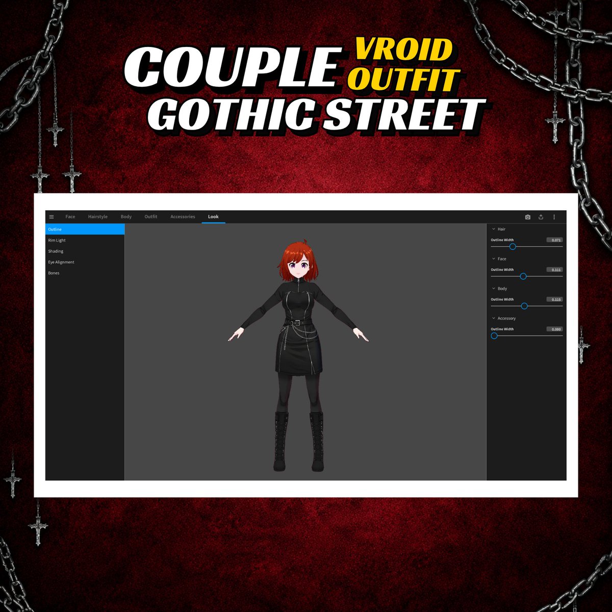 artphoenixstore's tweet photo. POV：相棒と一緒にゴシック・スタイルに大変身 🖤  VRoid Studioで制作 ⛓️ このコーデ、着てみたい？ 👀

#stretwear
#coupleholic https://t.co/ggEEjH35dJ