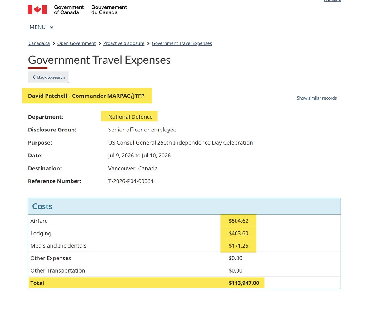 vesperdigital's tweet photo. Commander David Patchell took a trip worth $𝟭𝟭𝟯𝟵.𝟰𝟳

And the government of Canada lists it as $𝟭𝟭𝟯,𝟵𝟰𝟳.𝟬𝟬 

I wonder what Commander Patchell spent the other $𝟭𝟭𝟮,𝟴𝟬𝟳.𝟱𝟯 on?

🤣🤣🤣 https://t.co/Q05OUVkJsg