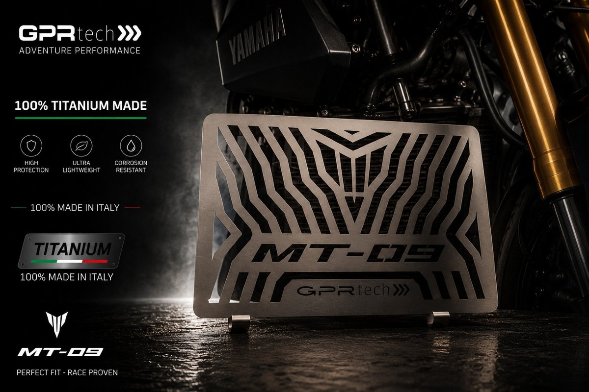 LizzetteJi3m's tweet photo. Yamaha MT-09 Titanium Radiator Guard 
100% Made in Italy 
Worldwide shipping 
2-year warranty 
Protect your MT-09 in style. Contact us! https://t.co/TDH7Cocs1V