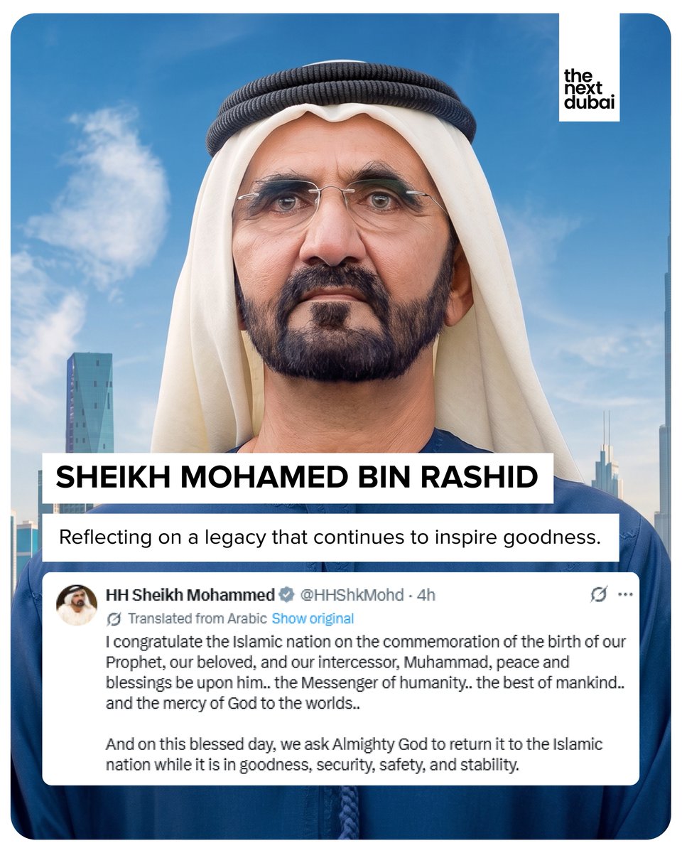 RobbinAltvjft's tweet photo. A day of reflection. A message of kindness. A legacy of compassion. 🤍
UAE leaders marked the birthday of Prophet Mohammed ﷺ with heartfelt messages of peace, mercy and goodwill. https://t.co/YRmpoMqz0o