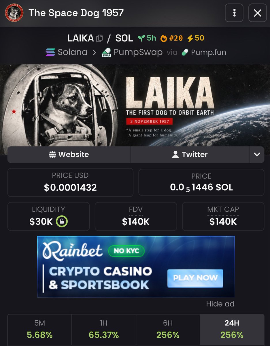 LaikaOnX's tweet photo. LAIKA went to space for humanity and never came home 🐕🚀

Now, it’s our turn!!

As a tribute to the little dog who gave everything for our journey beyond Earth, we want to carry her memory where she never had the chance to go: the Moon 🌕

Soon #1 on dexscreener 📈 we #20 now. https://t.co/BlVgAeOsQO