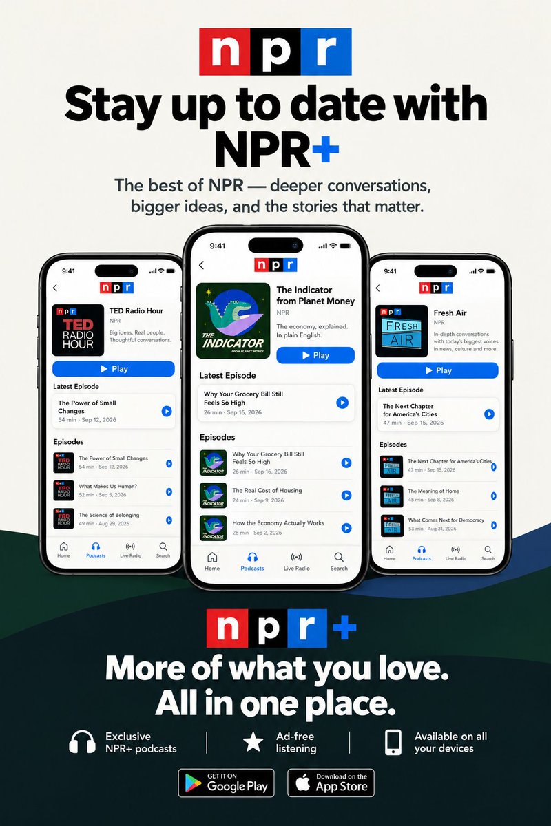 indicatorpod's tweet photo. Stay up to date with The Indicator from Planet Money now smarter, quicker, and more interactive with NPR+.

Get 30% off NPR+ from September 18–30, 2026 with code ''INDICATOR''.

https://t.co/lH6x13VGOB https://t.co/mVs748o7fl