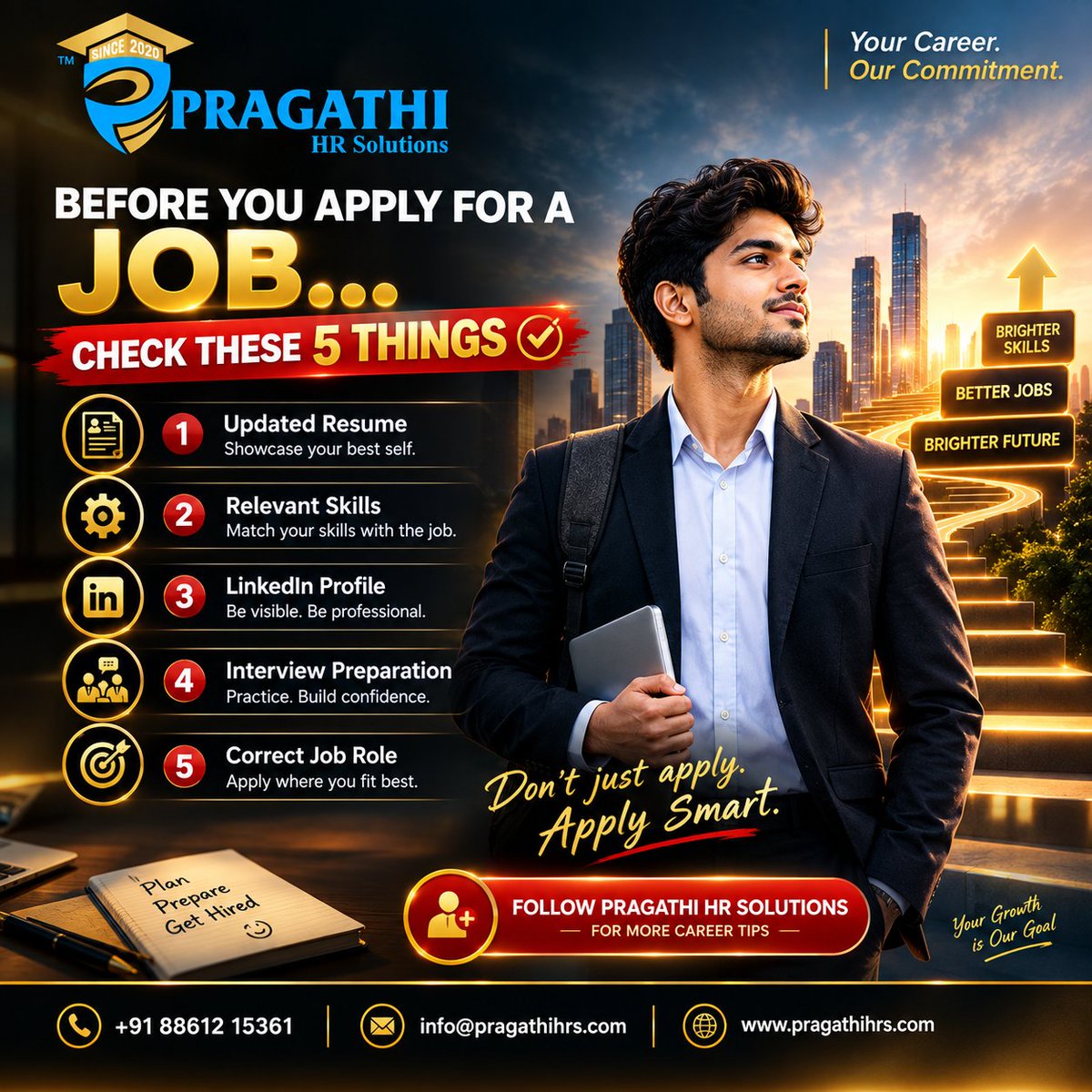 pragathihrs's tweet photo. BEFORE YOU APPLY FOR A JOB... CHECK THESE 5 THINGS! 📋✍️
1️⃣ Updated Resume 2️⃣ Relevant Skills 3️⃣ LinkedIn Profile 4️⃣ Interview Preparation 5️⃣ Correct Job Role
Plan, prepare, get hired! 🚀
https://t.co/p52juYr8Vl📞 +91 88612 15361
#JobSearch #PragathiHRS #CareerAdvice #JobHunting https://t.co/dOQS2dLEN9