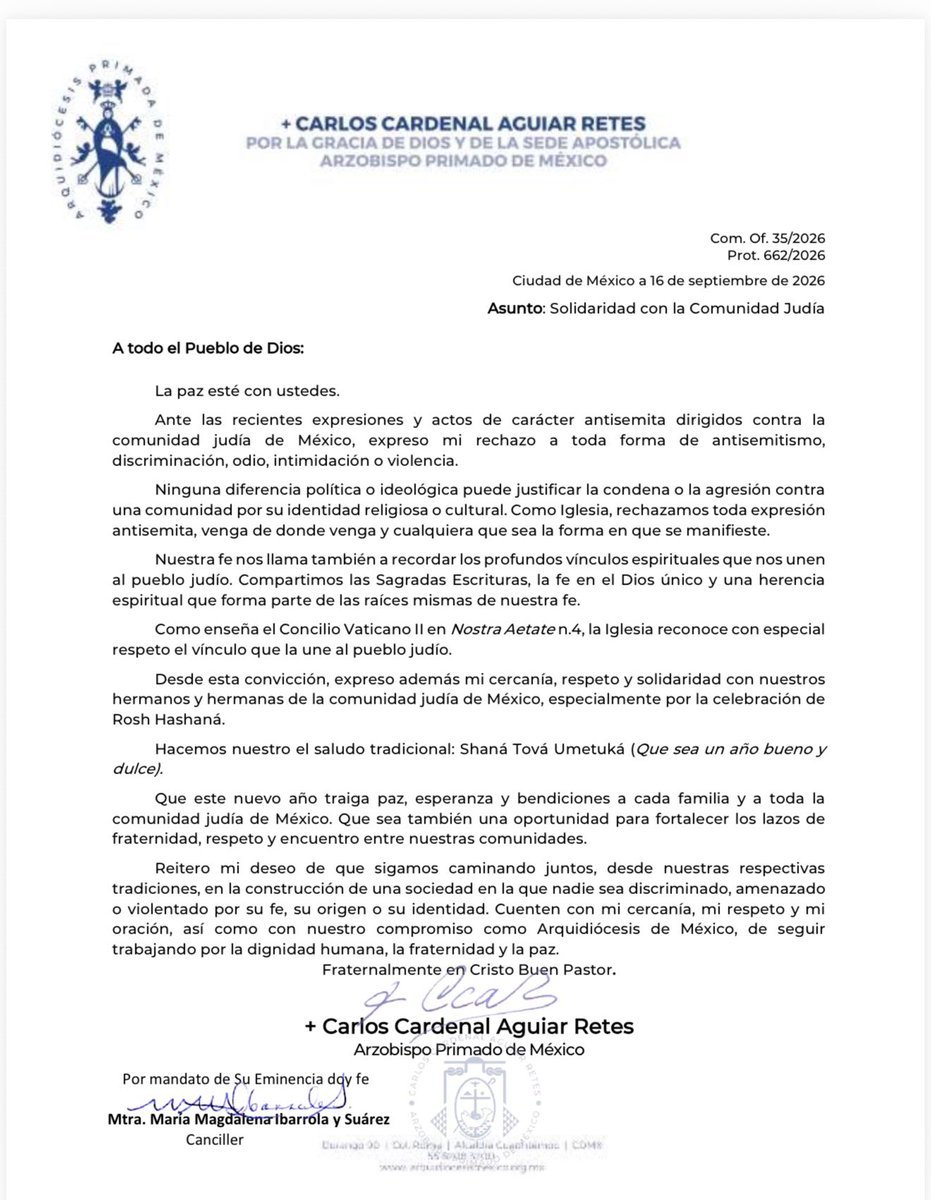 ravmarce's tweet photo. @IrvingGatell te comparto el mensaje que recibi del Arzobispo Primado de Mexico, don Carlos Aguiar Retes a quien agradezco su amistad y compromiso. https://t.co/PyMyvudaPW