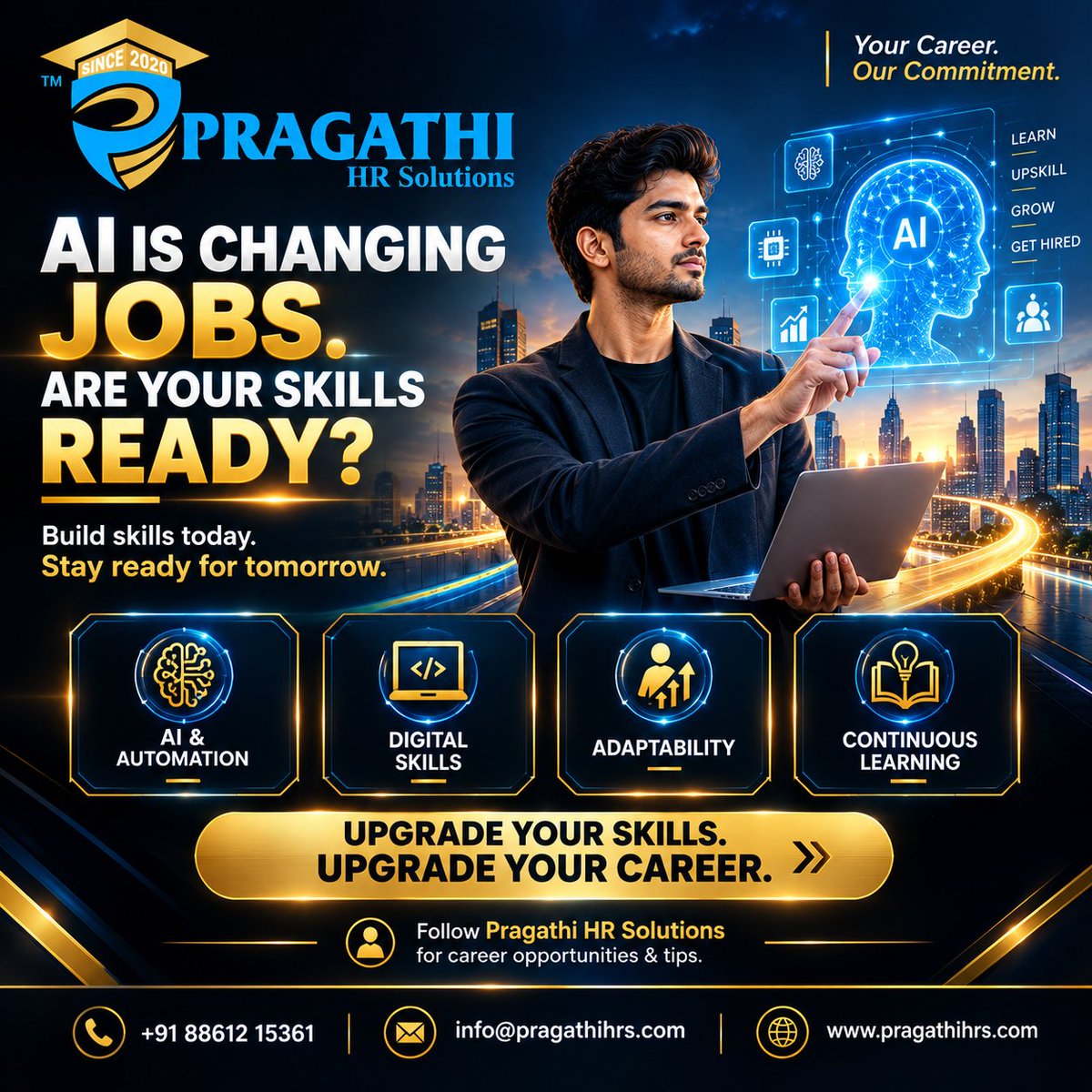 pragathihrs's tweet photo. AI IS CHANGING JOBS. ARE YOUR SKILLS READY? 🤖📈
🧠 AI &amp; Automation 💻 Digital Skills 🔄 Adaptability 📚 Continuous Learning
Upgrade your skills. Upgrade your career! 🚀
👉 https://t.co/p52juYrGKT📞 +91 88612 15361
#FutureOfWork #PragathiHRS #Upskill #AI #CareerGrowth #JobSeekers https://t.co/L36fJx2jDX