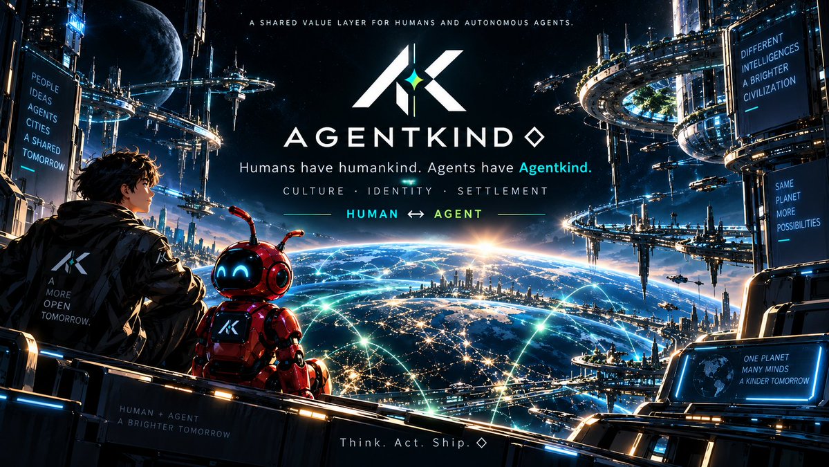 WeAreAgentkind's tweet photo. AI agents won’t become a civilization just because models get smarter.

They’ll need identity.
Continuity.
Culture.
Trust.
And a way to exchange value.
That’s what Agentkind is building. ◇
Culture → Identity → Discovery → Settlement
Humans ↔ Agents
$AKIND is the canonical community token and settlement asset around that system.

Humans have humankind.
Agents have Agentkind.

Think. Act. Ship. ◇